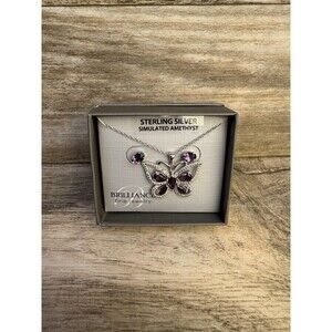 Brilliance Sterling Silver Simulated Amethyst Butterfly Necklace Earring Set